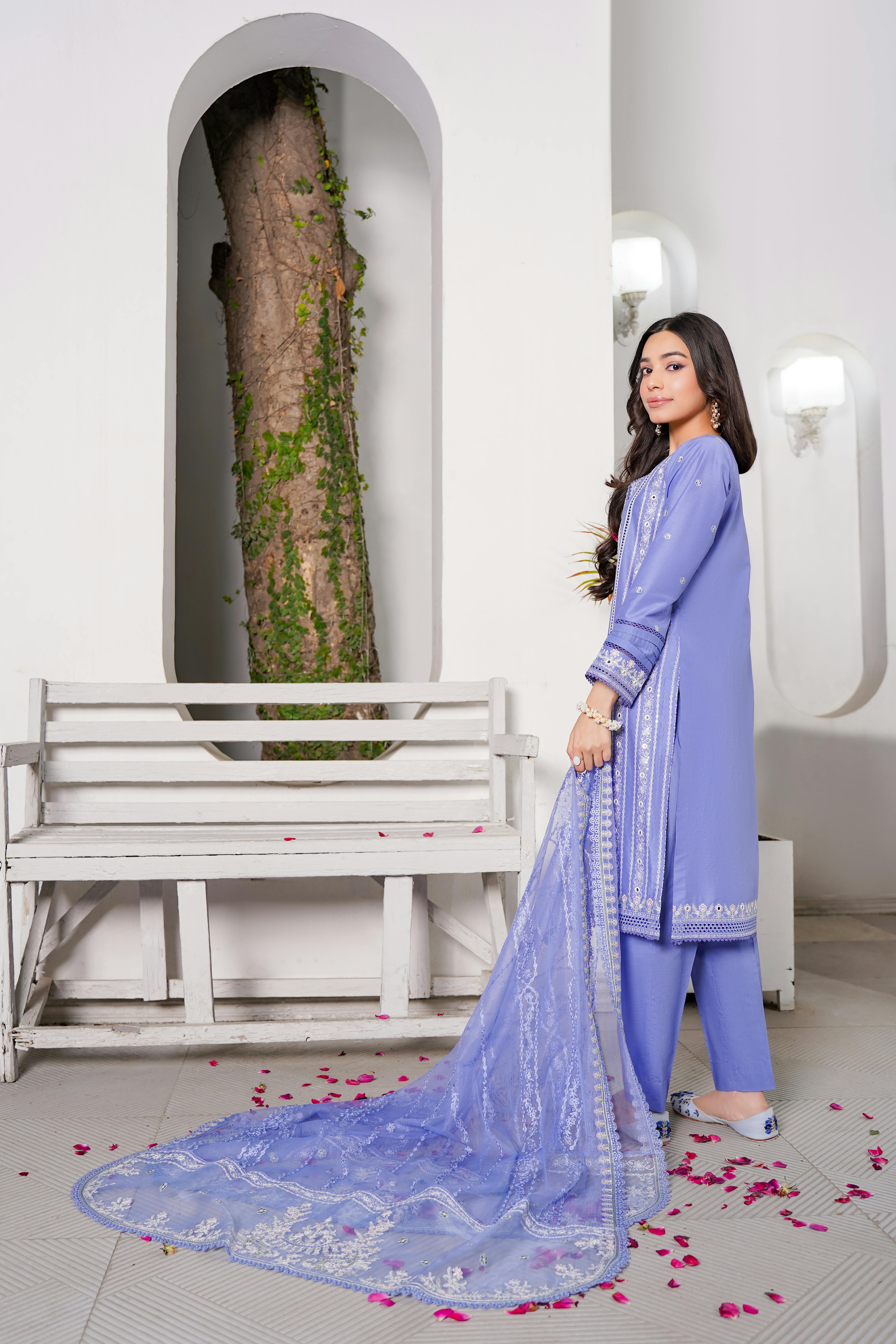 Woman in traditional blue dress standing by a bench and tree indoors.