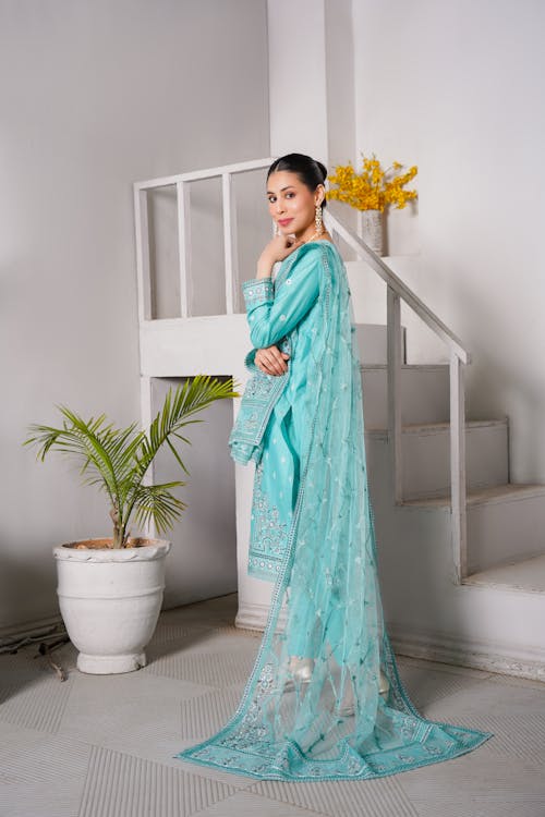 Woman Wearing Blue Sari 
