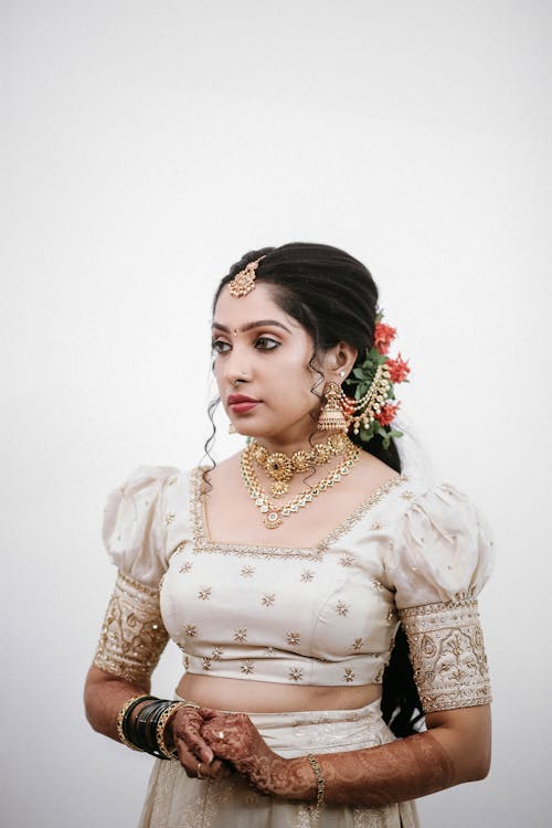 A beautiful indian bride in a white lehenga