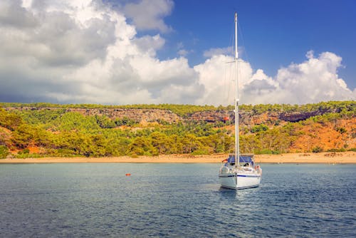 A sailboat is docked in the water near a hill