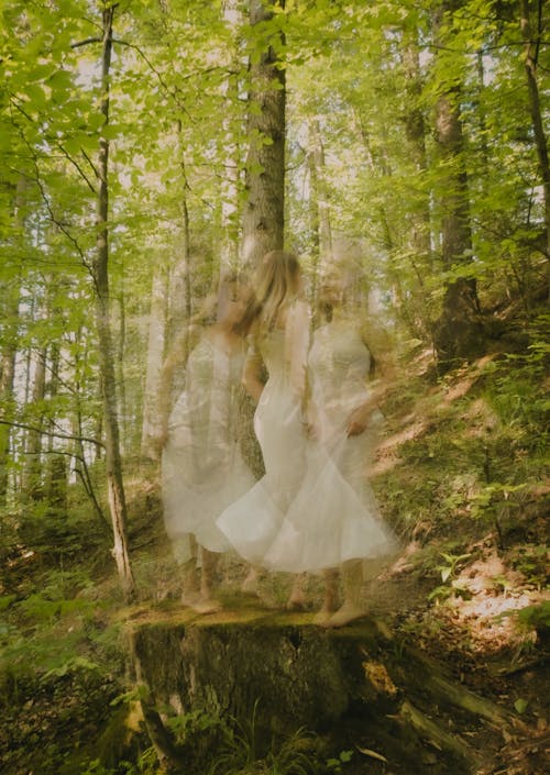 Two women in wedding dresses are standing on a tree stump