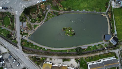 Aerial view of a lake and park in the middle of a city