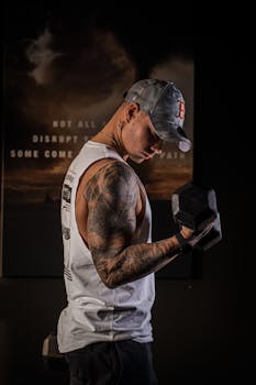 A muscular man lifts a dumbbell indoors, showcasing strength and fitness in a gym setting.