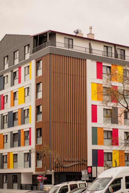 A building with multicolored panels on the side