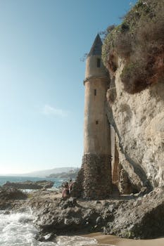Scenic view of the iconic Pirate Tower at Victoria Beach, Laguna Beach, California.