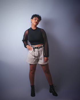 Stylish woman posing in a studio showcasing modern fashion with boots and shorts.