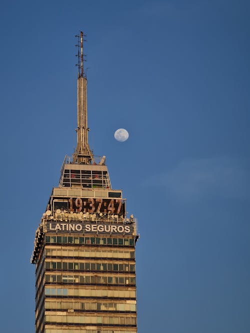 Moon over Top of Torre Latinoamericana in Mexico City