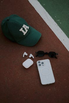 Flat lay of cap, sunglasses, earbuds and smartphone on tennis court.
