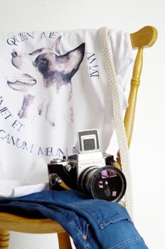 A Pentax camera and artistic dog-themed t-shirt displayed on a wooden chair.