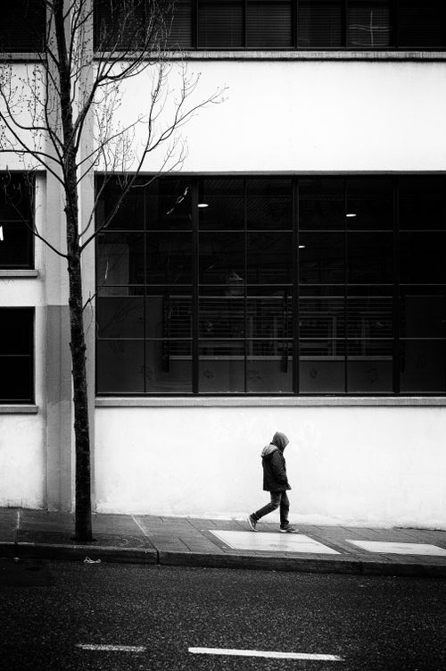 Free Black and white photo of a man walking along an urban street in Portland, Oregon. Stock Photo