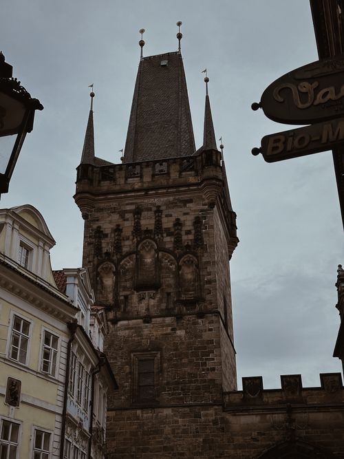 Free A vertical view of the iconic Gothic-style Lesser Town Bridge Tower in Prague. Stock Photo