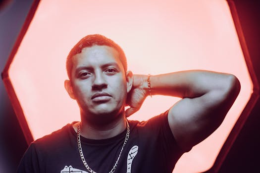 一幅以戏剧性红色为背景的肖像，展现了一位自信男士的风格与态度