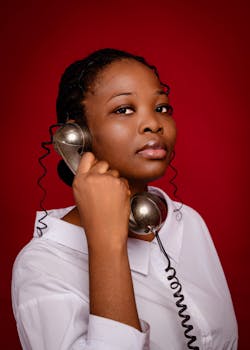 Elegant portrait of a woman holding a vintage telephone against a bold red background.