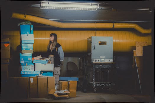 A woman stands in a dimly lit warehouse surrounded by stacked cardboard boxes and industrial equipment.