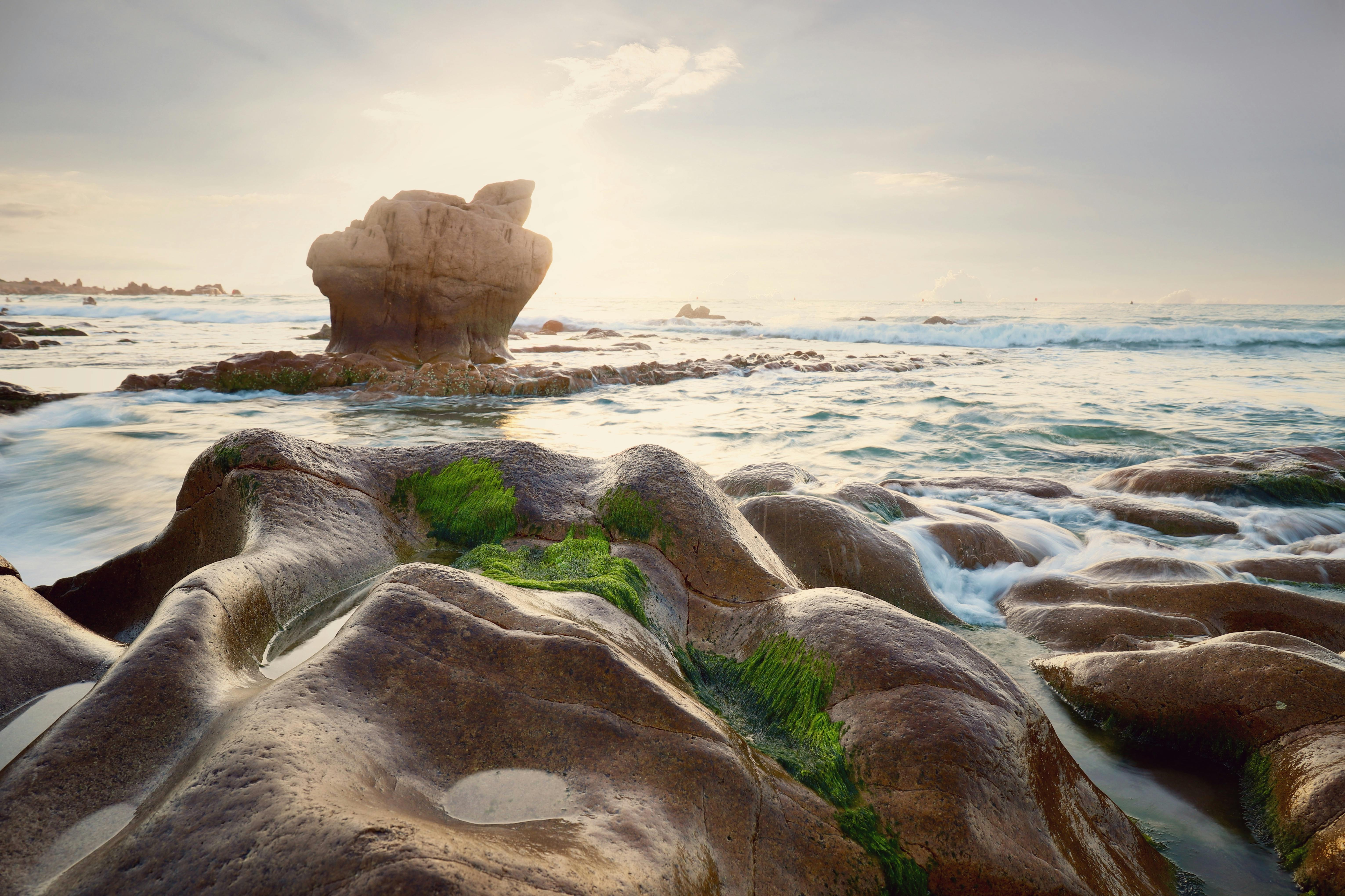 Stunning moss-covered rocks at sunrise on Bình Thuận's Co Thach Beach, Vietnam.