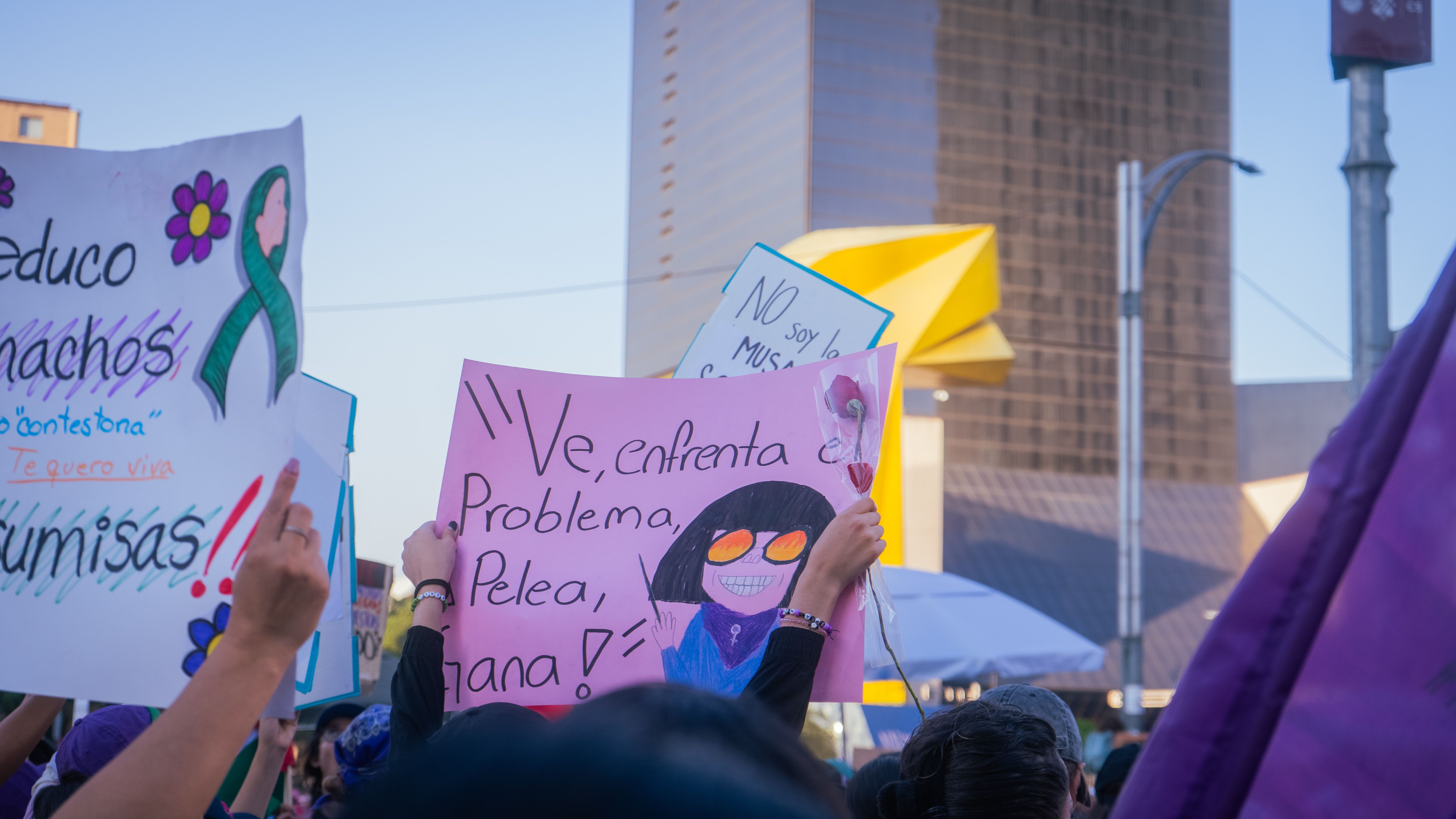 Dynamic urban protest with colorful signs and strong messages in an outdoor city setting.