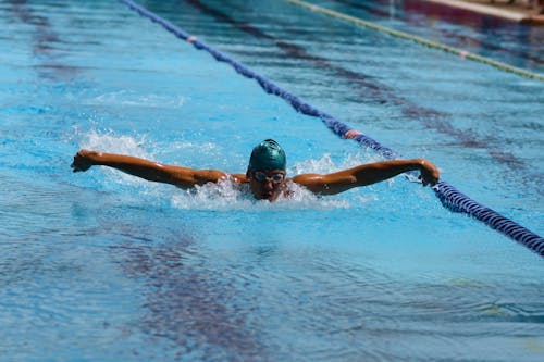 Free Man Wearing Goggles Swimming on Pool Stock Photo