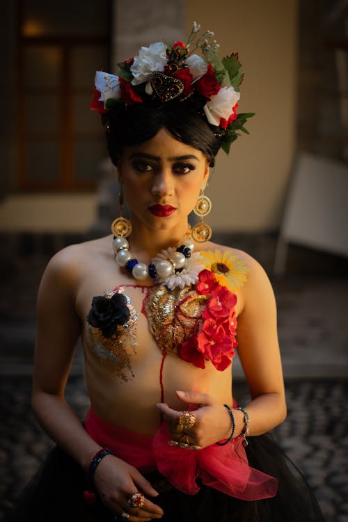 Photo of a Brunette Wearing a Floral Costume