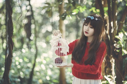 Woman Holding Birdcage Près Des Arbres