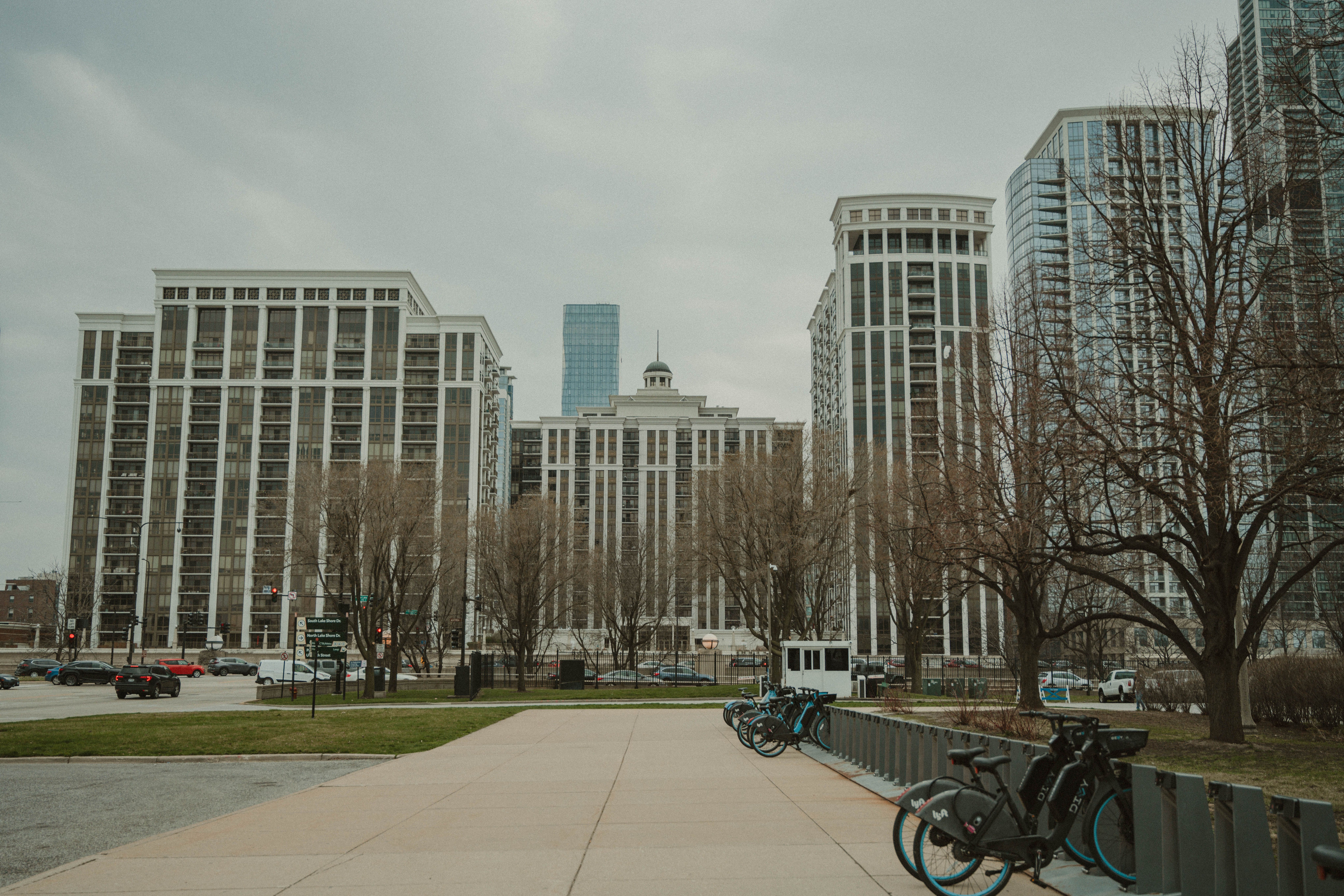 View of a Bike Rental Station and Modern Apartment Buildings in a ...