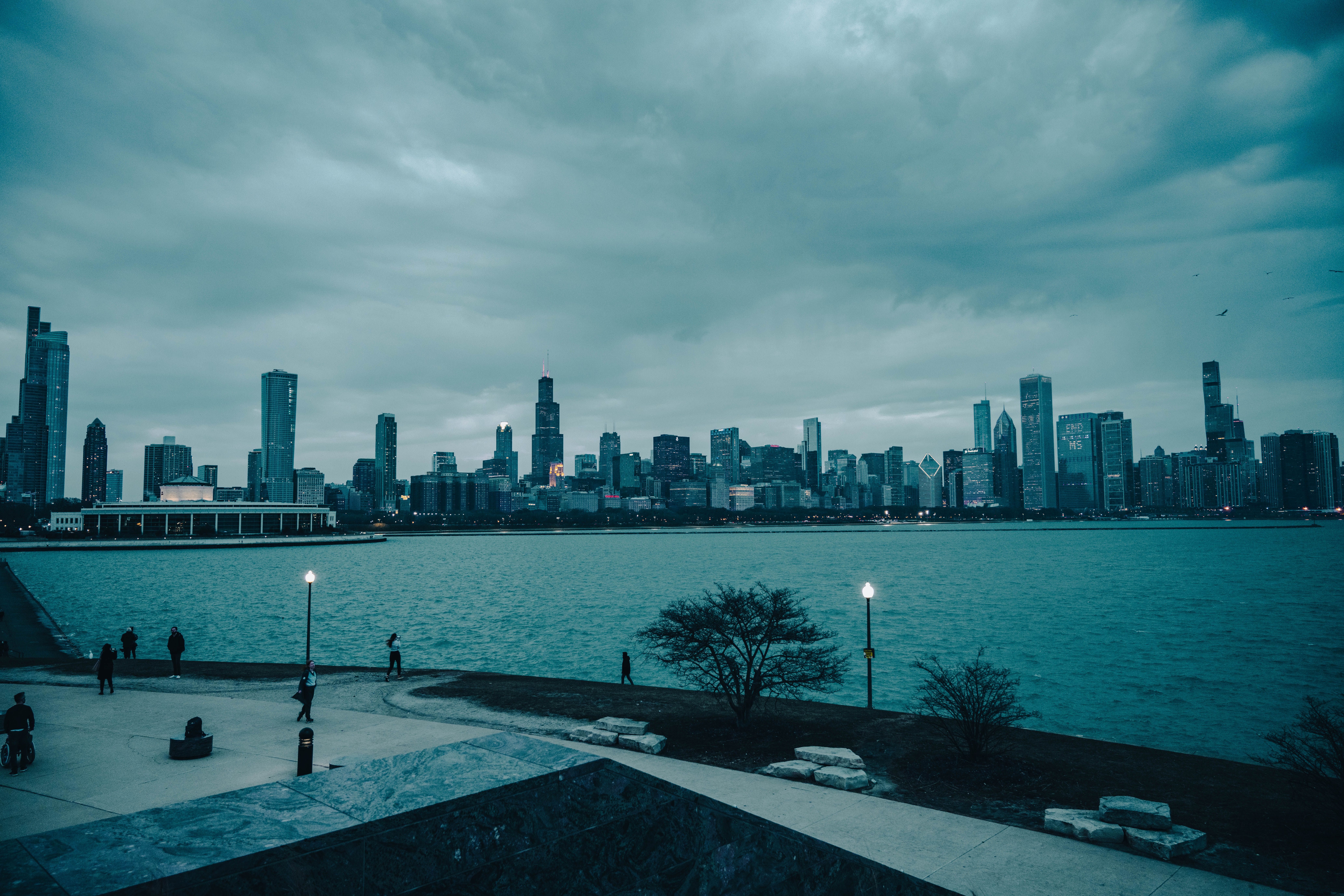 Park by Lake in City with Skyscrapers behind Lake · Free Stock Photo