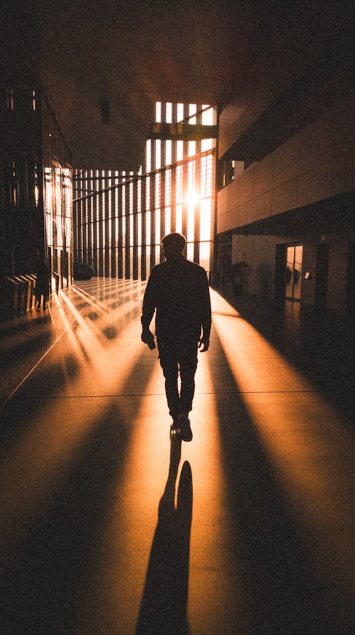 Silhouette of a Man Walking in a Modern Building 