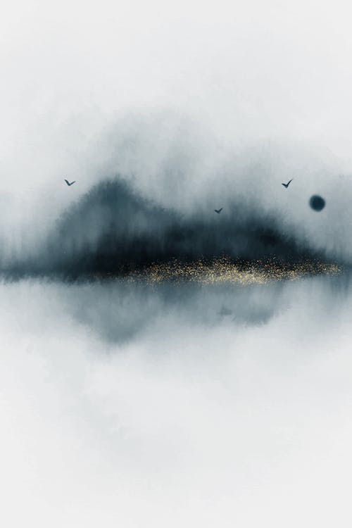A painting of a bird flying over a foggy landscape