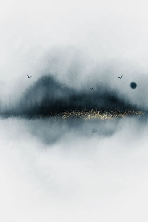 Free A serene abstract landscape with mist, birds, and artistic elements creating a mystical atmosphere. Stock Photo