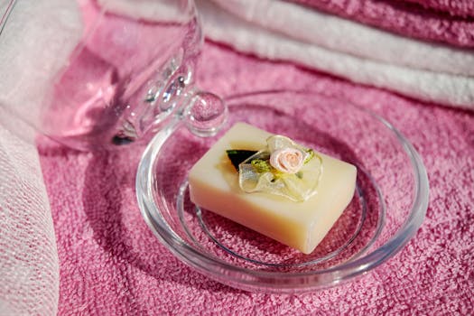 优雅的肥皂棒搭配花卉装饰和粉红色毛巾，唤起放松与美丽之感