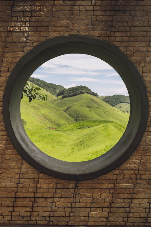 A round window with a view of a green field