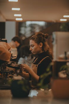 Female barista preparing coffee at café counter with warm lighting, focused on craft.