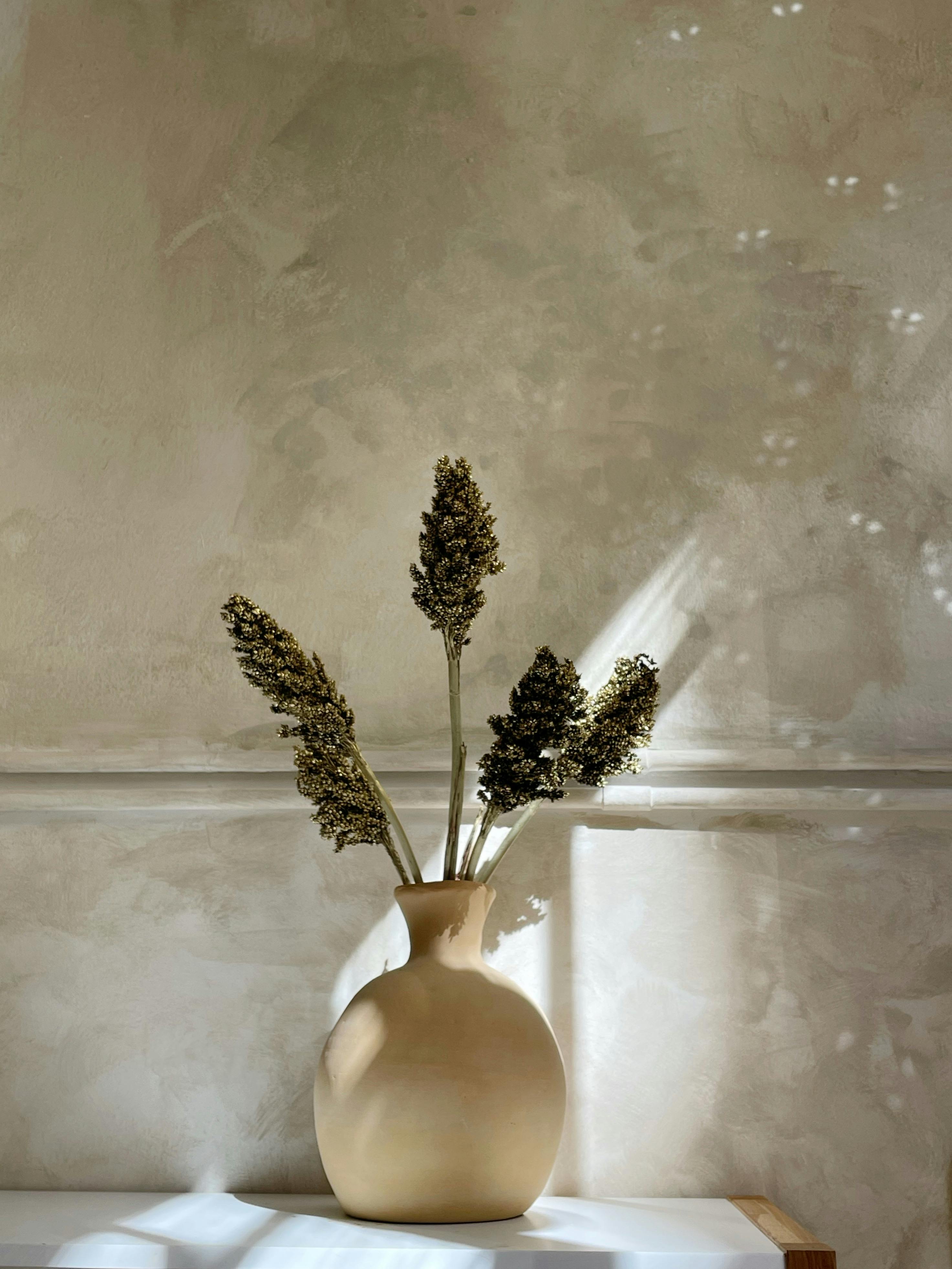 Soft light casts shadows on a simple vase with dried flowers, creating an elegant still life.