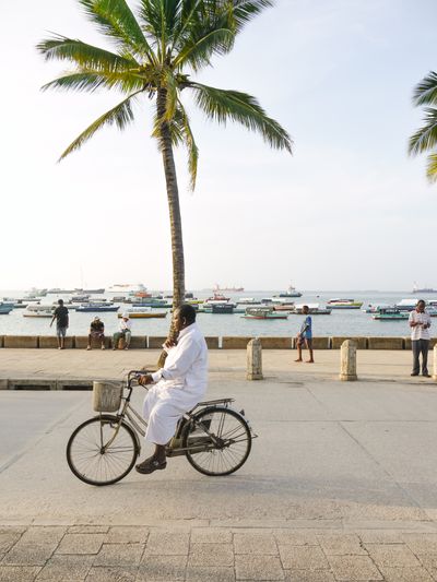 Man cycling by the port in Stone Town