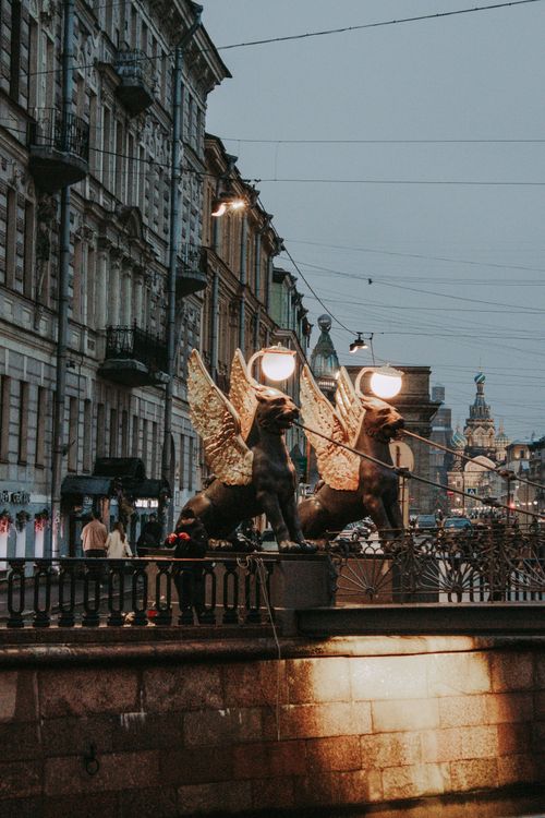 Free An atmospheric evening shot of iconic griffon statues in Saint Petersburg, Russia. Stock Photo