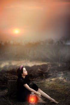 一个女人手持灯笼，在雾蒙蒙的日落时分静坐户外