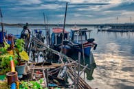 雅加达港口，充满活力的渔船和郁郁葱葱的植物，构成了一幅宁静的海滨景象