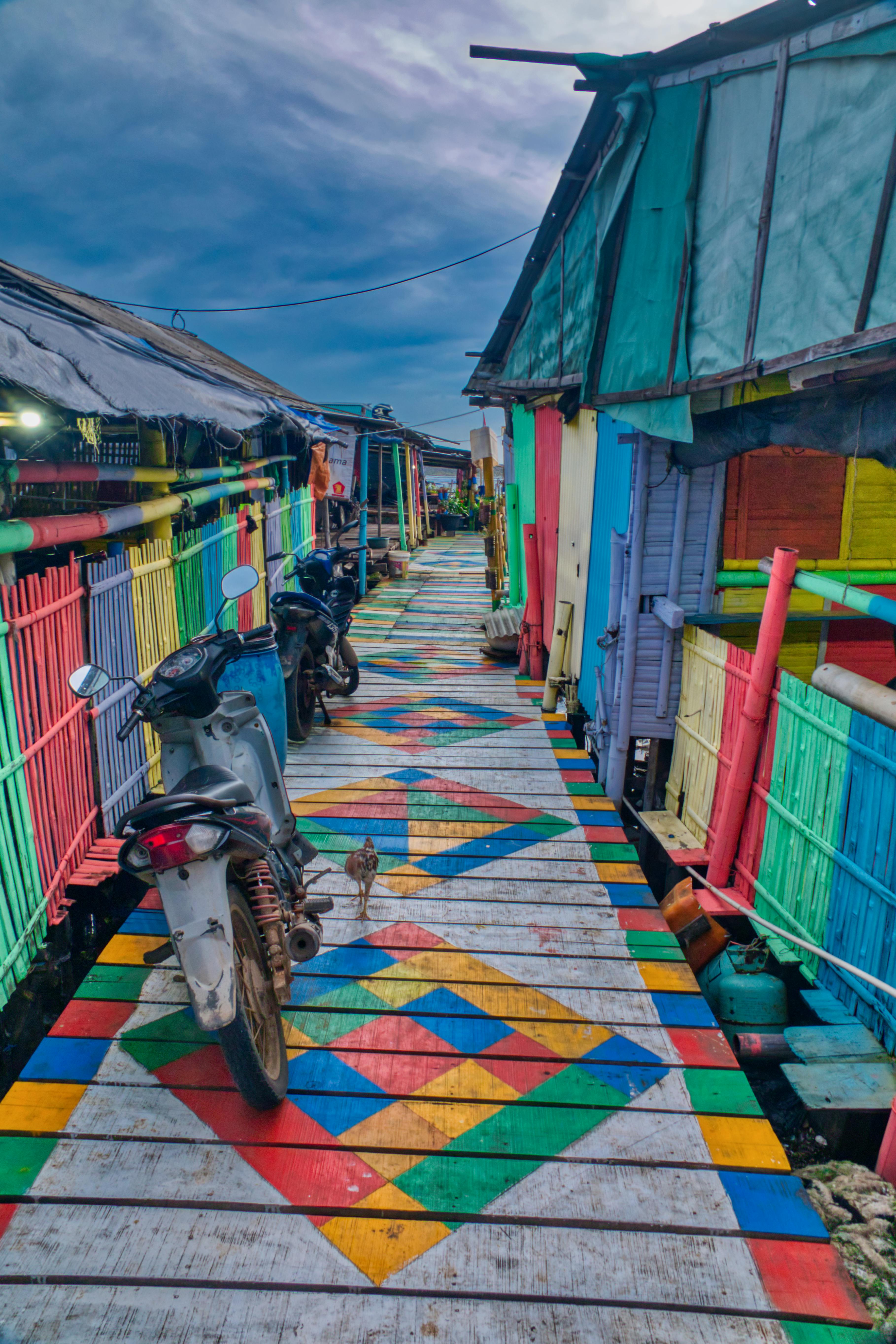 motorcycles on wooden pathway