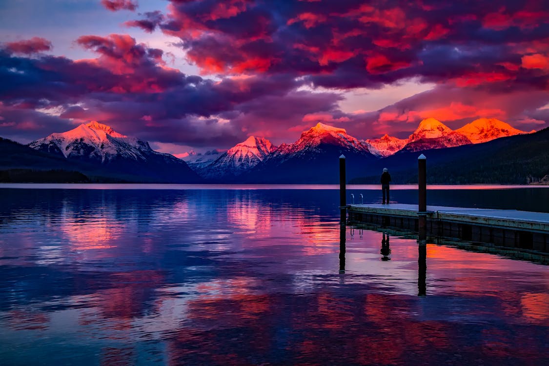 Dock Under Cloudy Sky in Front of Mountain