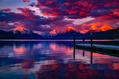 Dock Under Cloudy Sky in Front of Mountain