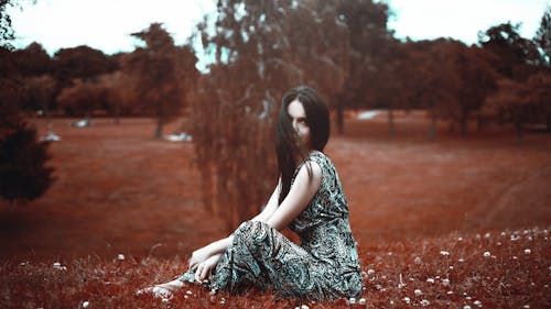 Woman in Black and Gray Dress Sitting on Grass Field