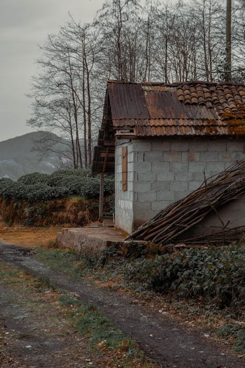 An old house with a roof that is falling down