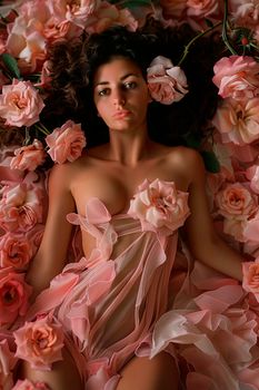 A woman in a delicate pose surrounded by soft pink roses, exuding elegance and beauty.