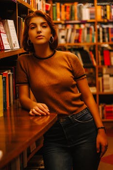 一位穿着休闲装的时尚年轻女子在圣保罗的一家书店里自信地摆着姿势