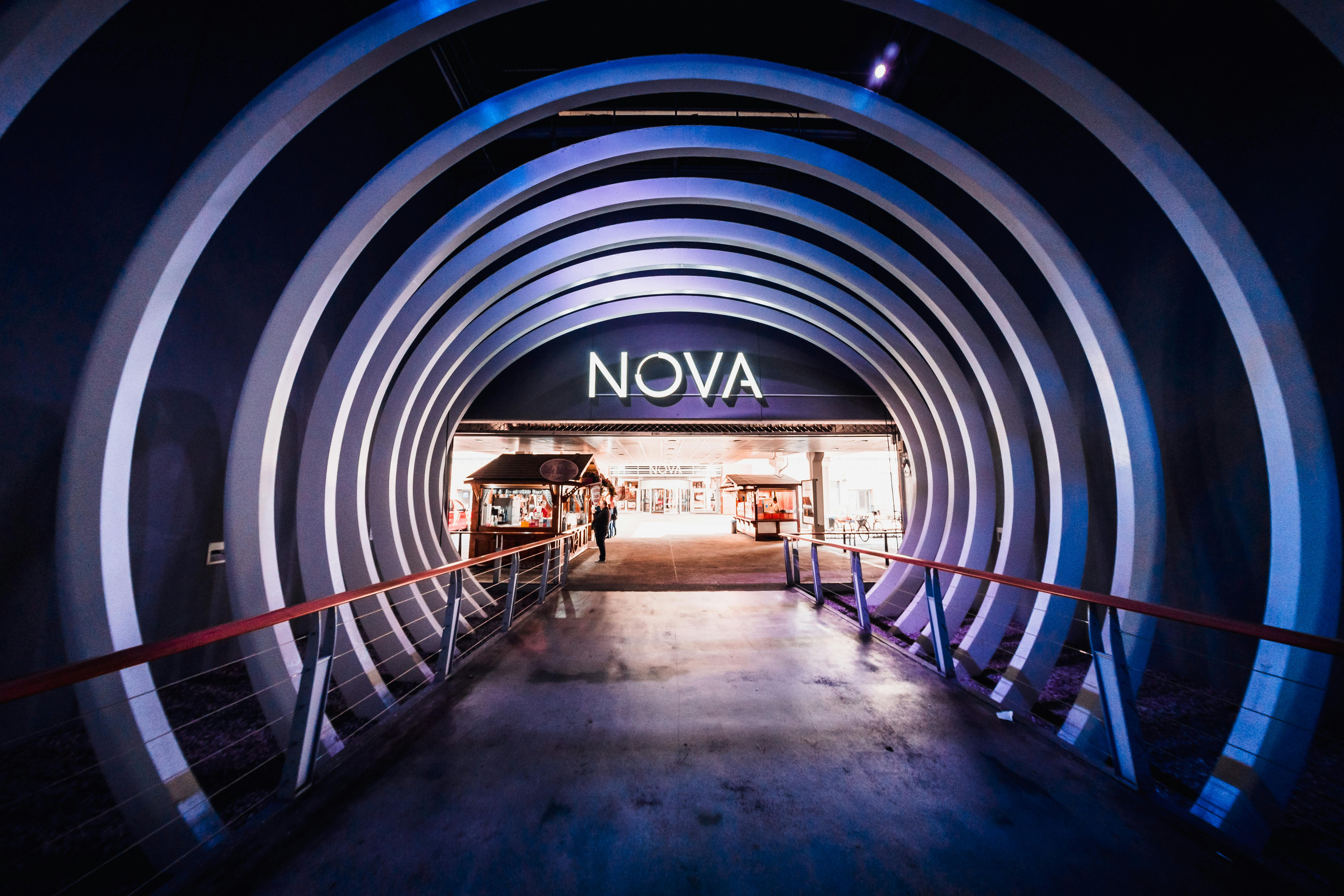 Illuminated Tunnel at Nova Eventis Shopping Mall in Leipzig