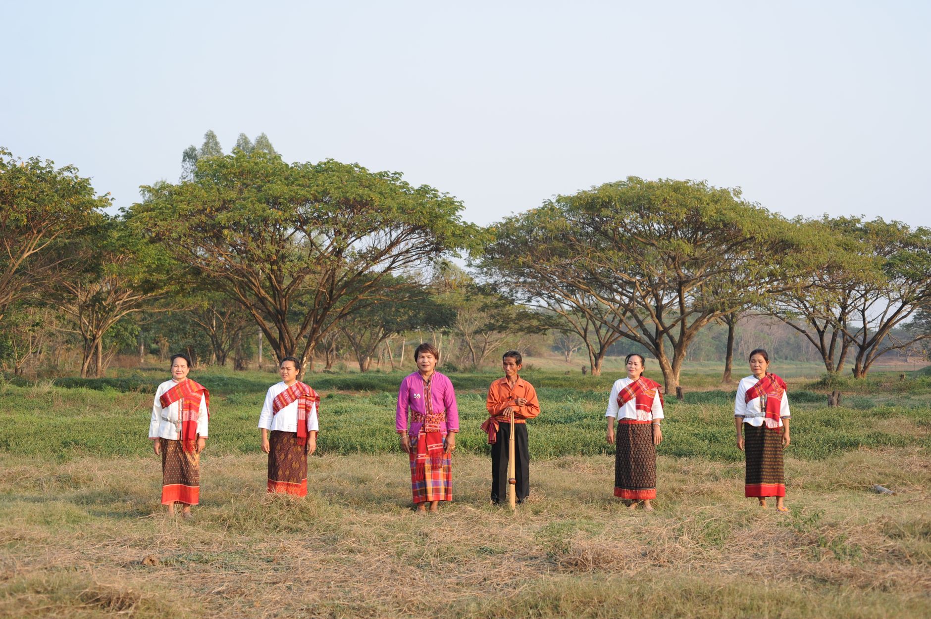 Group of adults in traditional folk costumes standing in a meadow during daytime.