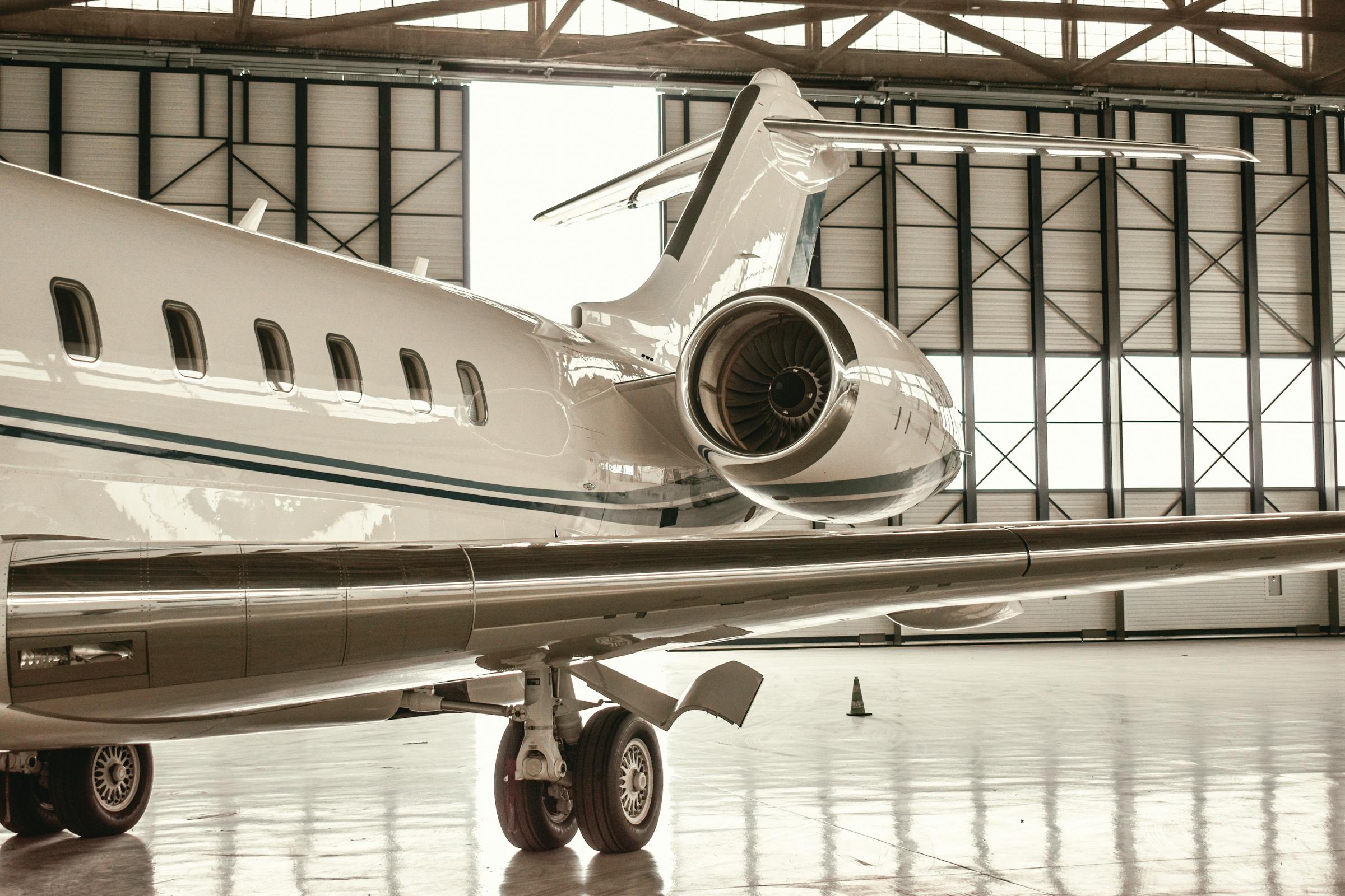 Private jet inside hangar