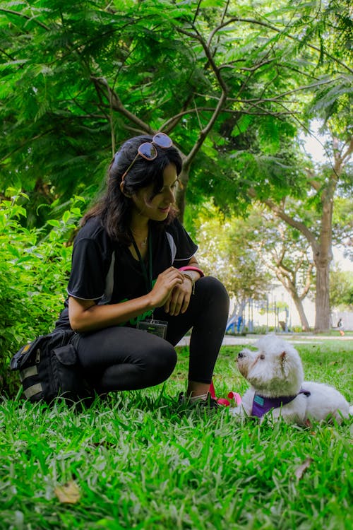 A woman kneeling down in the grass with a white dog