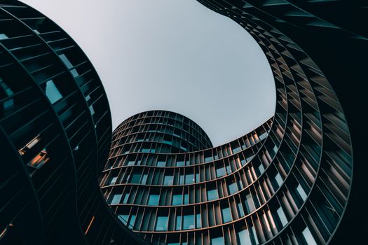 A striking view of modern architecture with curving facades in Copenhagen.