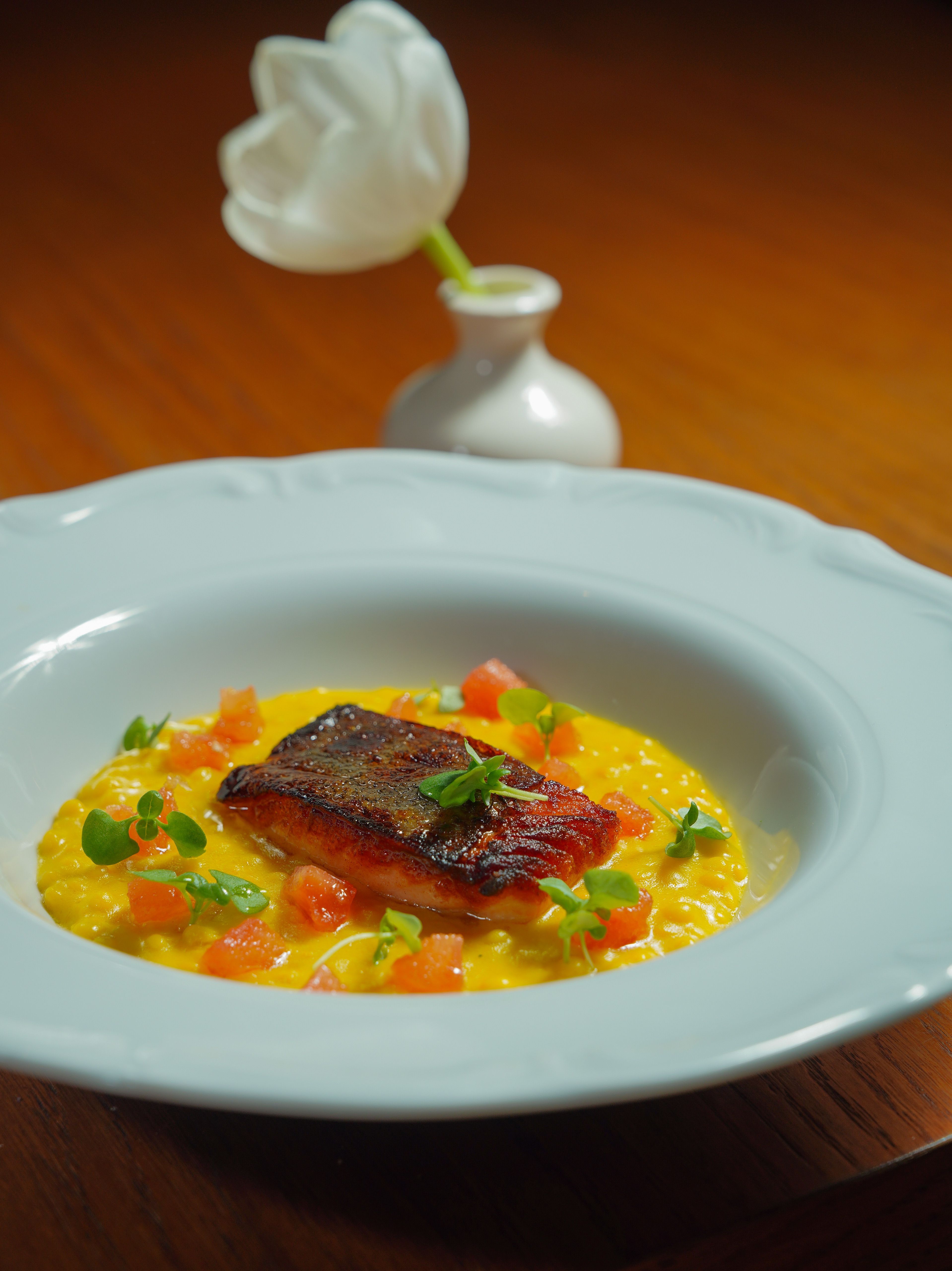 Delicious gourmet salmon fillet served on creamy risotto, garnished with herbs.