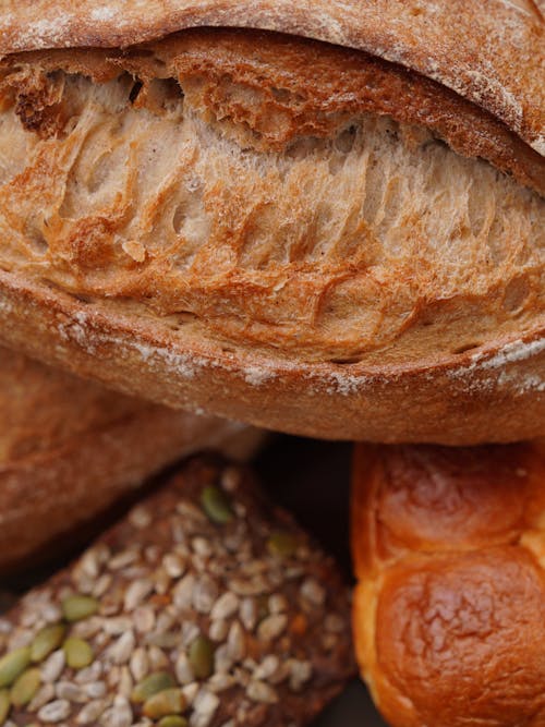 A close up of bread and other food items